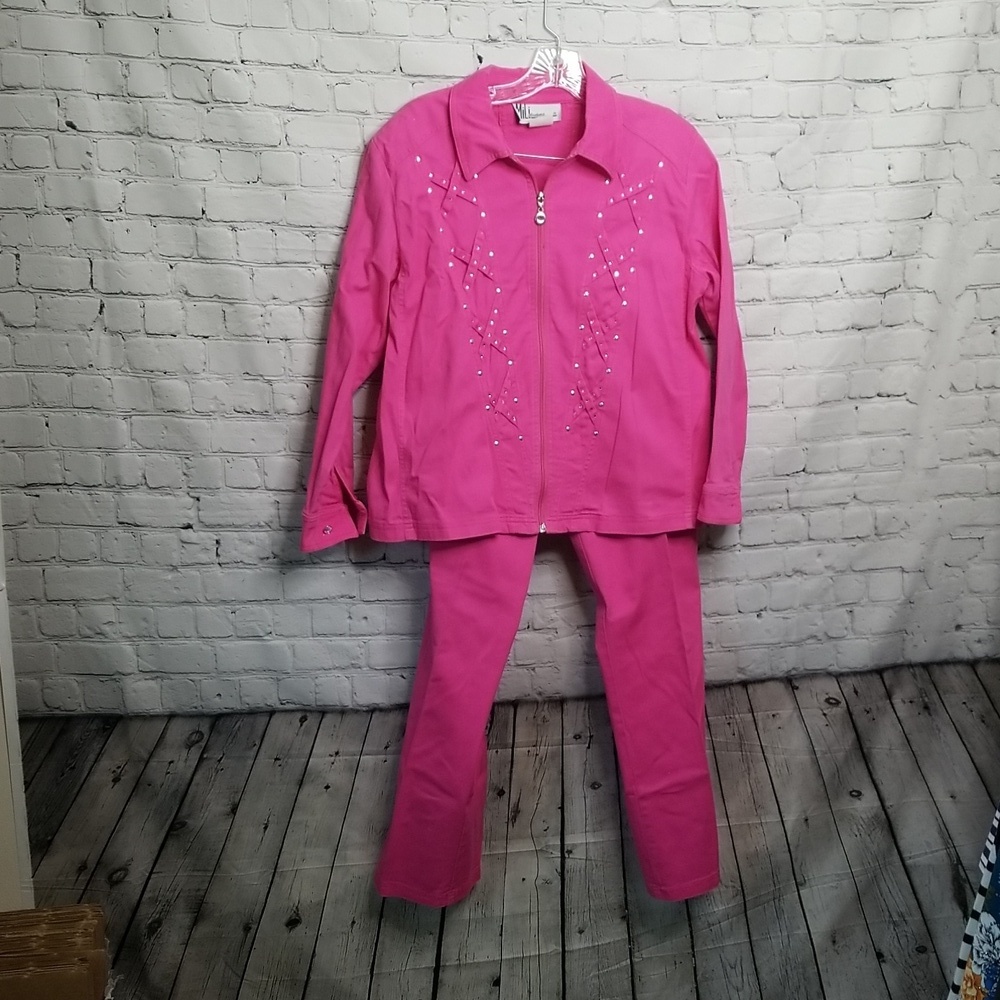 Milli Designs Hot Pink Rhinestone Jacket Pants Set Large EUC Vintage